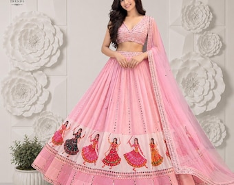 Conjunto de lehenga de georgette con estrellas, estampado digital y bordado de espejos, traje de boda indio (semiconfeccionado).