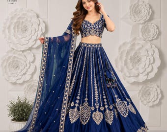 Conjunto de lehenga choli de seda azul marino con diseño de diamantes, bordado con lentejuelas, ropa de novia.