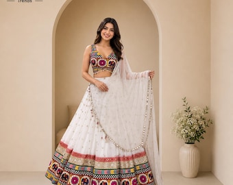 Navratri Special Faux Georgette Lehenga Choli Set with Real Mirror, Sequins & Chain Stitch Work