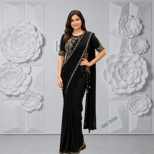 Embroidered Sequence Party Wear Saree | Wedding Reception Saree with Stitched Blouse