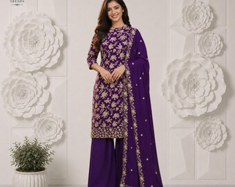 Super Hit Designer Chinnon Silk Top Plazo Set with Embroidered Dupatta