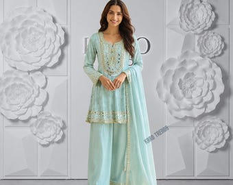 Conjunto de kurti palazzo con dupatta y bordado de espejos de seda Jimichu