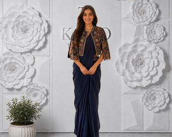Celebrity Inspired Designer Chinnon Silk Ready-to-Wear Drape Saree with Embroidered Jacket