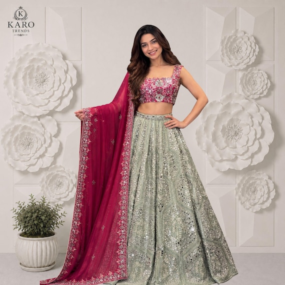 Embroidered Lehenga Choli Set with Net Dupatta, Faux Georgette Fabric