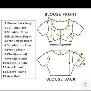 Puede incluir: Un diagrama t&eacute;cnico que ilustra las medidas de una blusa, con una vista frontal etiquetada BLOUSE FRONT y una vista posterior etiquetada BLOUSE BACK. Las l&iacute;neas numeradas indican puntos espec&iacute;ficos para medir el largo, hombro, cuello, pecho, cintura y mangas.