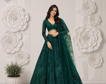 Emerald Green Net Lehenga Choli, Dori Sequins Embroidery, Bridal Wedding Wear