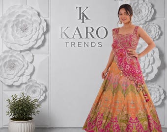 Conjunto Lehenga Choli bordado en rosa y naranja con bolero, estampado digital para novias.