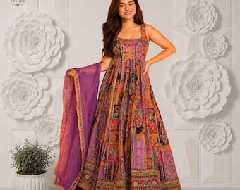 Pure Crepe Heavy Embroidered Gown Set with Organza Dupatta & Pant