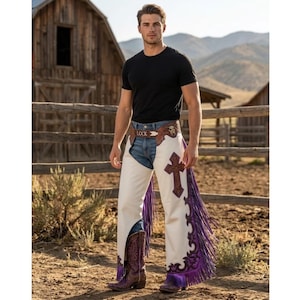 Handmade Western Leather Chaps | Rodeo Fringe Chaps with Tooled Cross Detail | Cowgirl Riding Pants