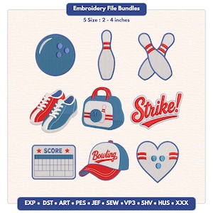 Puede incluir: Conjunto de archivos de bordado con temática de bolos que incluye una bola azul, bolos, zapatos, una bolsa, una gorra, una tarjeta de puntuación, un corazón y el texto Strike! y Bowling. Los diseños miden de 5 a 10 cm, formatos EXP, DST, ART, PES, JEF, SEW, VP3, SHV, HUS, XXX.
