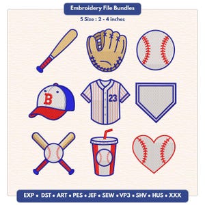 Könnte beinhalten: Eine Sammlung von Baseball-Stickmustern, darunter ein Schläger, Handschuh, Ball, Kappe mit Buchstabe B, Trikot mit Nummer 23, Home Plate, gekreuzte Schläger, ein Becher und ein herzförmiger Baseball. Text Embroidery File Bundles 5 Size 2-4 inches.