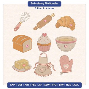 ベーキングガール刺繍バンドル、かわいいパン職人デザイン、クロワッサン、カップケーキ、パン、エプロン、オーブンミット、キッチンマシン刺繍ファイル（メーカー向け）