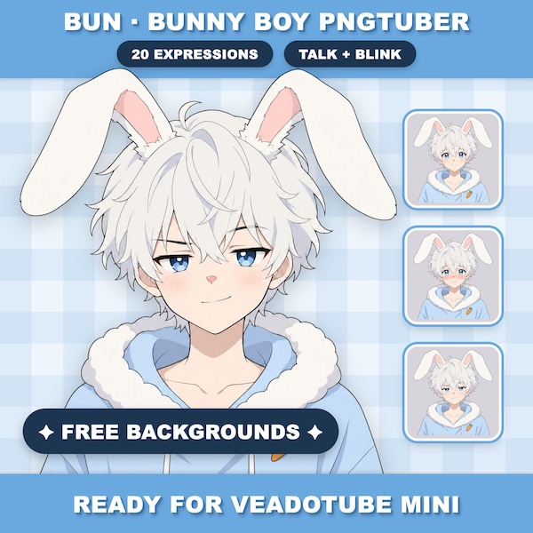 Bunny Boy PNGTuber Model | Bunny Male VTuber | Premade Veadotube Mini Avatar | 20 Expressions Reactive PNG | Free Pngtuber | GIFTuber