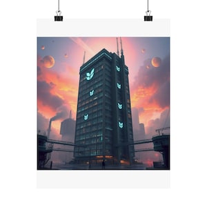 May include: A tall, dark gray skyscraper with glowing cyan leaf-shaped symbols on its facade, set against a vibrant orange and purple sunset sky with multiple moons. The building features antennas on top and is connected by elevated walkways.