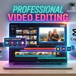 May include: A laptop screen displays the CapCut video editing interface with a timeline, media library, and a preview window showing a couple outdoors. Neon text above reads PROFESSIONAL VIDEO EDITING, with the CapCut logo on the right side.
