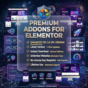 May include: A digital graphic promoting Premium Addons for Elementor, featuring a central translucent panel with gold text listing features like GPL 3.0 version, 1-click updates, instant download, unlimited websites, and lifetime use against a space background.