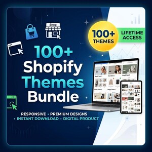 Könnte beinhalten: Eine digitale Produktwerbung für ein 100+ Shopify Themes Bundle. Die Grafik zeigt einen Laptop und ein Tablet mit Website-Layouts sowie den Text 100+ Themes, Lifetime Access, Responsive, Premium Designs und Instant Download.
