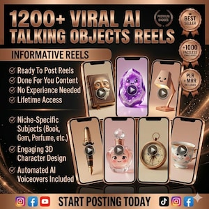 May include: A digital marketing graphic for 1200+ Viral AI Talking Objects Reels. The image features text overlays, gold badges, and seven smartphone screens displaying animated 3D characters including a book, crystal, lamp, pen, perfume, compass, and teacup.