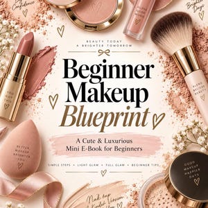 May include: A makeup guide titled Beginner Makeup Blueprint surrounded by cosmetic items including a blush compact, lip gloss, lipstick, makeup brush, sponge, and loose powder. The text includes phrases like Beauty Builds A Brighter You and Simple Steps.
