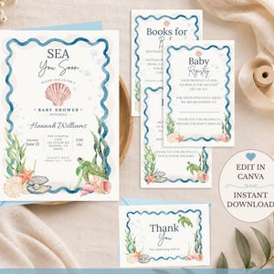 May include: A set of baby shower stationery featuring watercolor sea life illustrations including a sea turtle, seashells, and seaweed. The cards include text such as Sea You Soon, Books for Baby, Baby Registry, and Thank You, with a wavy blue border.