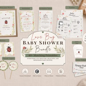 Paquete para baby shower con temática de mariquitas: invitación, juegos y letreros de mariquitas en acuarela (descarga instantánea).