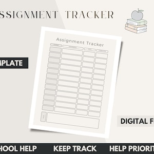 May include: A printable assignment tracker template featuring a grid with columns for course, assignment, date, and completed status. The document includes the text Assignment Tracker at the top and a small illustration of stacked books with an apple.