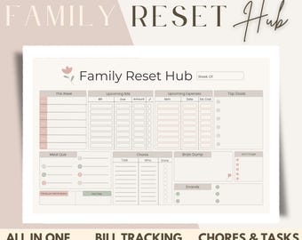All-in-One Weekly Planner Printable | Family Reset Hub | One page organizer | Chore Chart | Bill/Task Tracker | ADHD notion template | meal