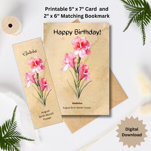 Cartão de aniversário de flor de nascimento para impressão e presente de marcador correspondente, cartão digital, para impressão, download instantâneo, cartão de felicitações