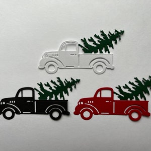 Adorno de papel troquelado con forma de árbol de Navidad de camioneta retro antigua para scrapbooking, tarjetas, diarios basura y decoración de mesas.