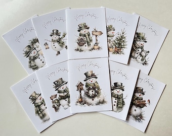 10 Vintage Style Watercolor Snowman Blank Greeting Card set, Snowmen Note Cards, Stationary Gifts, Stationary