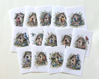 14 Watercolor Birdhouse with Bird Note Cards, Greeting Card Set, Stationary Gifts, Blank Cards