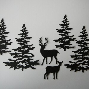 6 pezzi. Alberi di pino nero e cervi fustellati, ritagli di carta, abbellimenti per scrapbooking, creazione di biglietti, fronti di biglietti, fustella di alberi, scena invernale