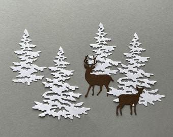 6tlg. Kiefer und Hirsch Die Cut Papier Ausschnitte, Verzierungen für Scrapbooking, Kartenherstellung, Kartenfronten, Baum Die Cut, Winterszene