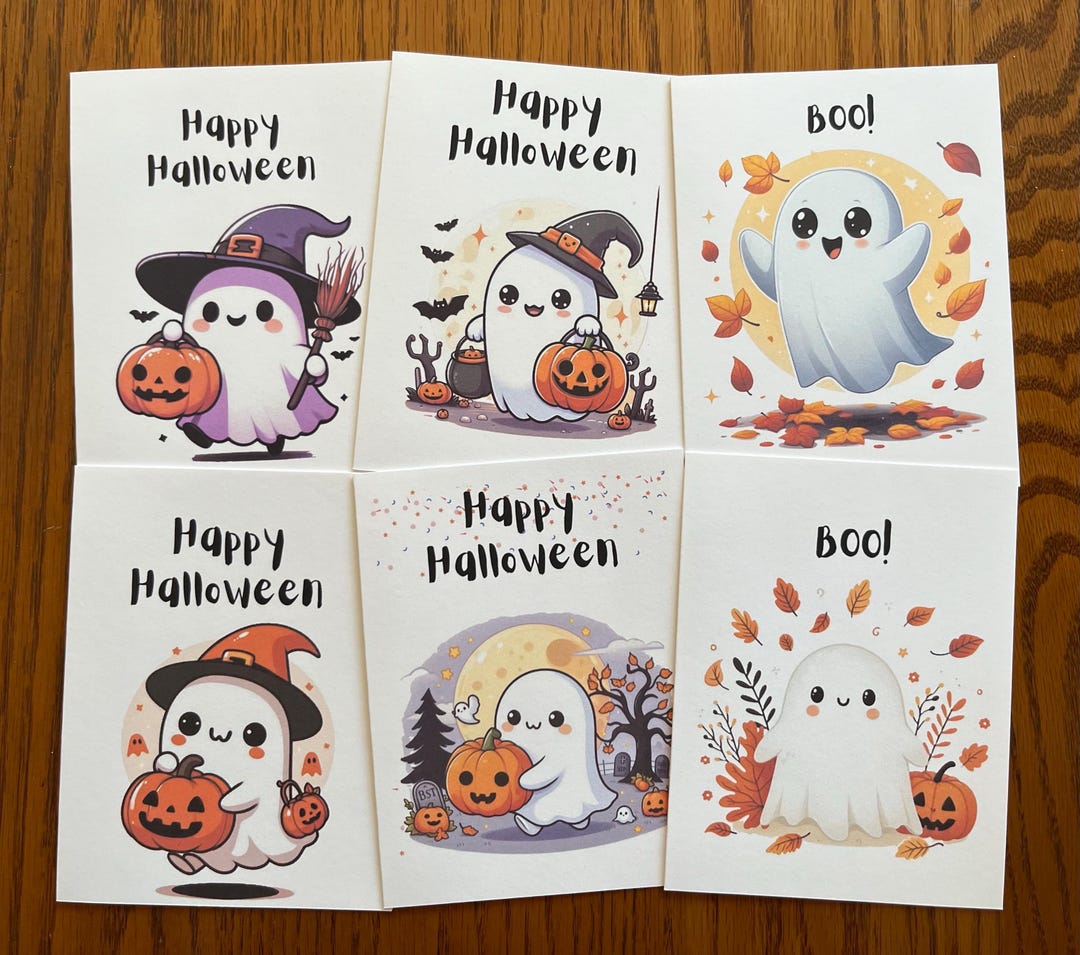 6 Halloween Greeting Cards, Ghost Note Cards, Cute Ghost Card ...