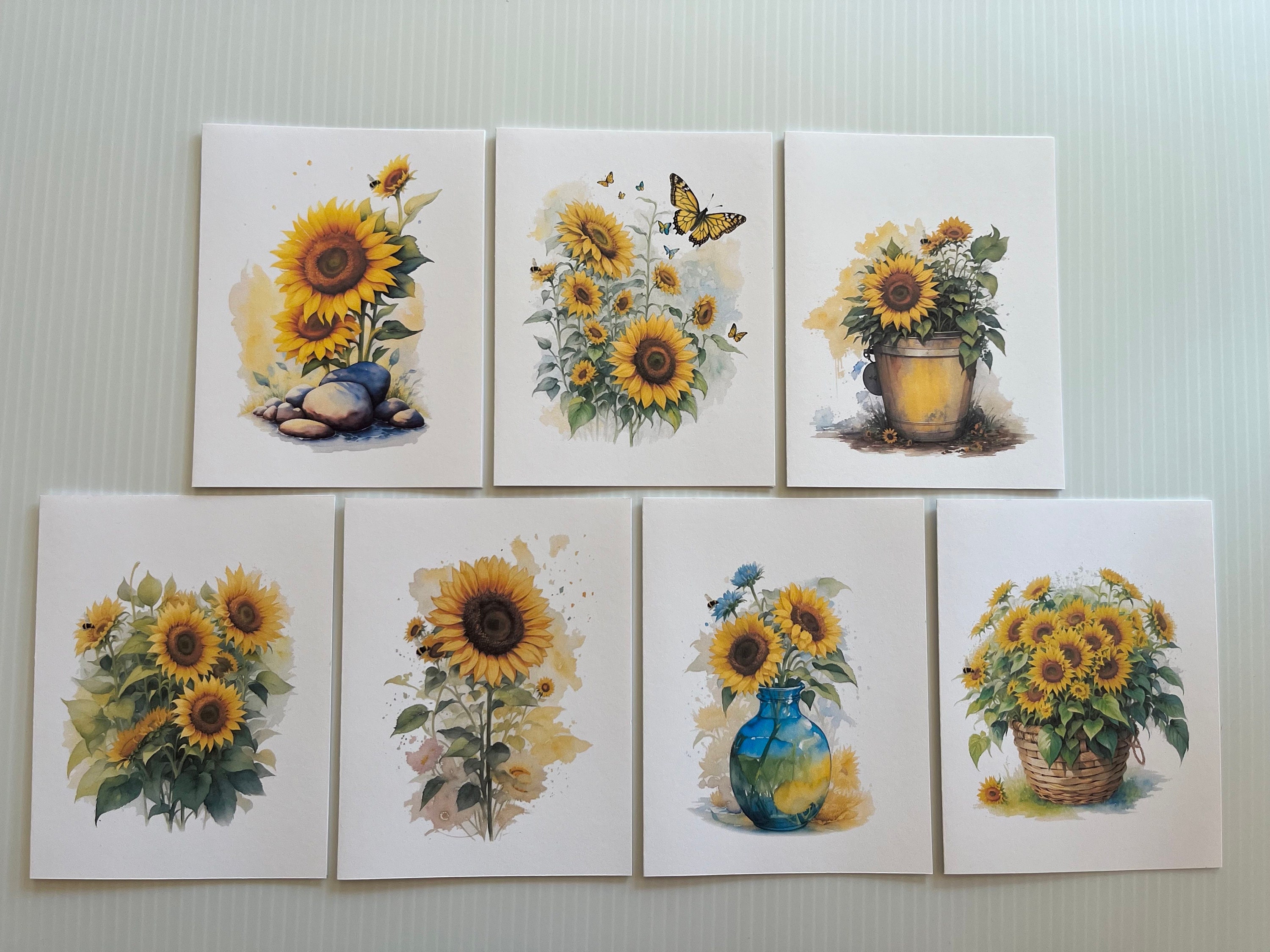 14 Watercolor Sunflower Greeting Cards, Sunflower Note Cards ...