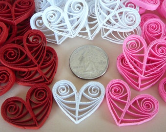 12ct Paper Quilled Valentine's Day Hearts Red, White and Pink Table Decorations Card and Scrapbooking Embellishments Wedding