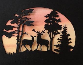 Deer and Pine Tree Die Cut ~ Card Front ~ Card Embellishment ~ Paper Cut Out ~ Die Cut ~ for Cards ~ for Scrapbooking ~ Paper Cut Outs