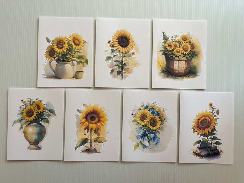 14 Watercolor Sunflower Greeting Cards, Sunflower Note Cards ...