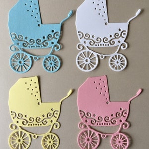 Fustellatura per carrozzina, fustellatura per carrozzina, abbellimento, scrapbooking, creazione di biglietti, fronti di biglietti,