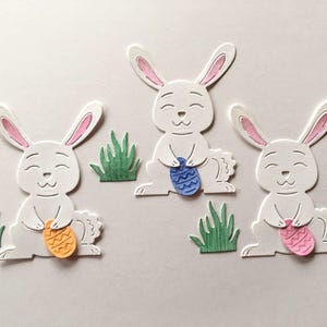3 enfeites de coelho da Páscoa cortados para scrapbooking, frentes de cartão, decorações de mesa, topper de cupcake,