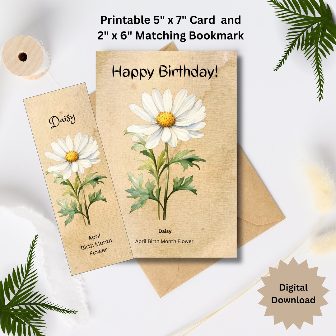 Printable April Birth Flower Birthday Card & Matching Bookmark, Digital ...