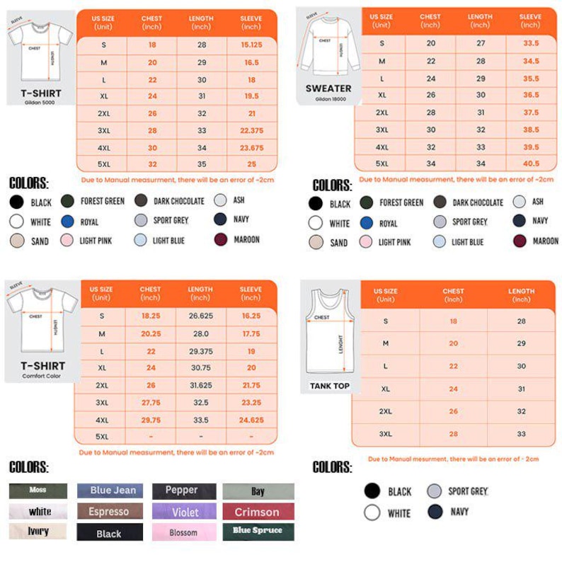 May include: A size chart graphic for apparel including a T-shirt, sweater, and tank top. It displays tables with US sizes, chest, length, and sleeve measurements in inches, alongside lists of available color options for each garment type.