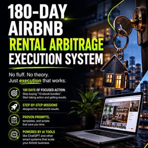 May include: A digital marketing flyer for the 180-Day Airbnb Rental Arbitrage Execution System. The graphic features a house-shaped keychain, a laptop displaying an Airbnb listing, and text detailing a business strategy for rental management.