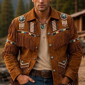 May include: A brown suede jacket featuring long fringe detailing on the chest and sleeves, adorned with colorful beadwork, turquoise-colored accents, and metallic buttons. The jacket is worn over a beige henley shirt and blue denim jeans.