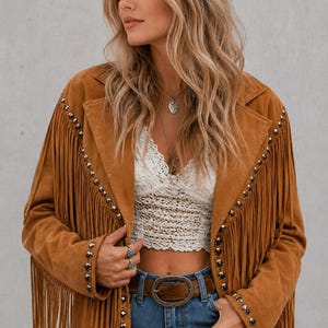 May include: A tan suede jacket featuring long fringe detailing along the sleeves and front panels, accented with silver-toned metal studs along the lapels and cuffs. The jacket is worn over a white lace crop top and blue denim jeans with a brown belt.