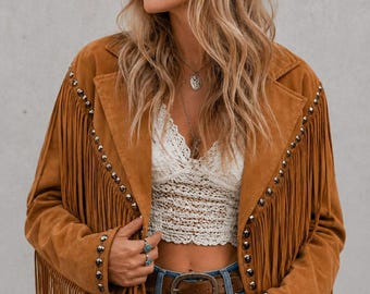 Damesjas van echt suède met westernfranjes – Boho cowgirljas met studs en kwastjes