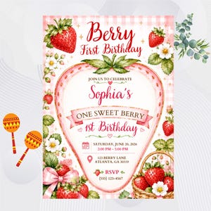 Könnte beinhalten: Eine rechteckige Einladungskarte mit Erdbeermotiv und rosafarbenem Vichy-Karo-Hintergrund. Der Text lautet Berry First Birthday, Sophia's, ONE SWEET BERRY 1st Birthday, Saturday, June 20, 2026, 2:00 PM - 5:00 PM, 123 Berry Lane, Atlanta, GA 30319, RSVP (555) 123-4567.