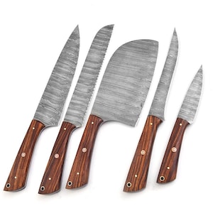 5 Piece Damascus Chef Knife Set, Rosewood Handle, 256 Layer Steel Kitchen Knives
