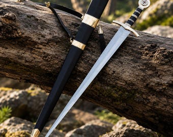 Handmade Medieval Cross Sword Replica, High Carbon Steel, Brass Hilt, Wooden Scabbard