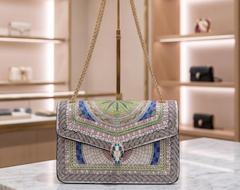 Rhinstone Square Shoulder Bag, Vegan Leather Crossbody Purse, Geometric Print Evening Bag, Luxury Chain Handbag